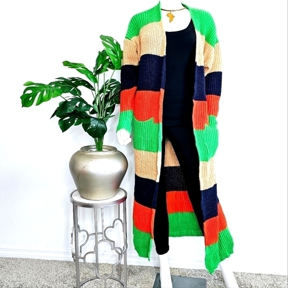 Cardigan Cable Knit Maxi Length Open Front Stripe Print Sweater - Picture 1 of 3